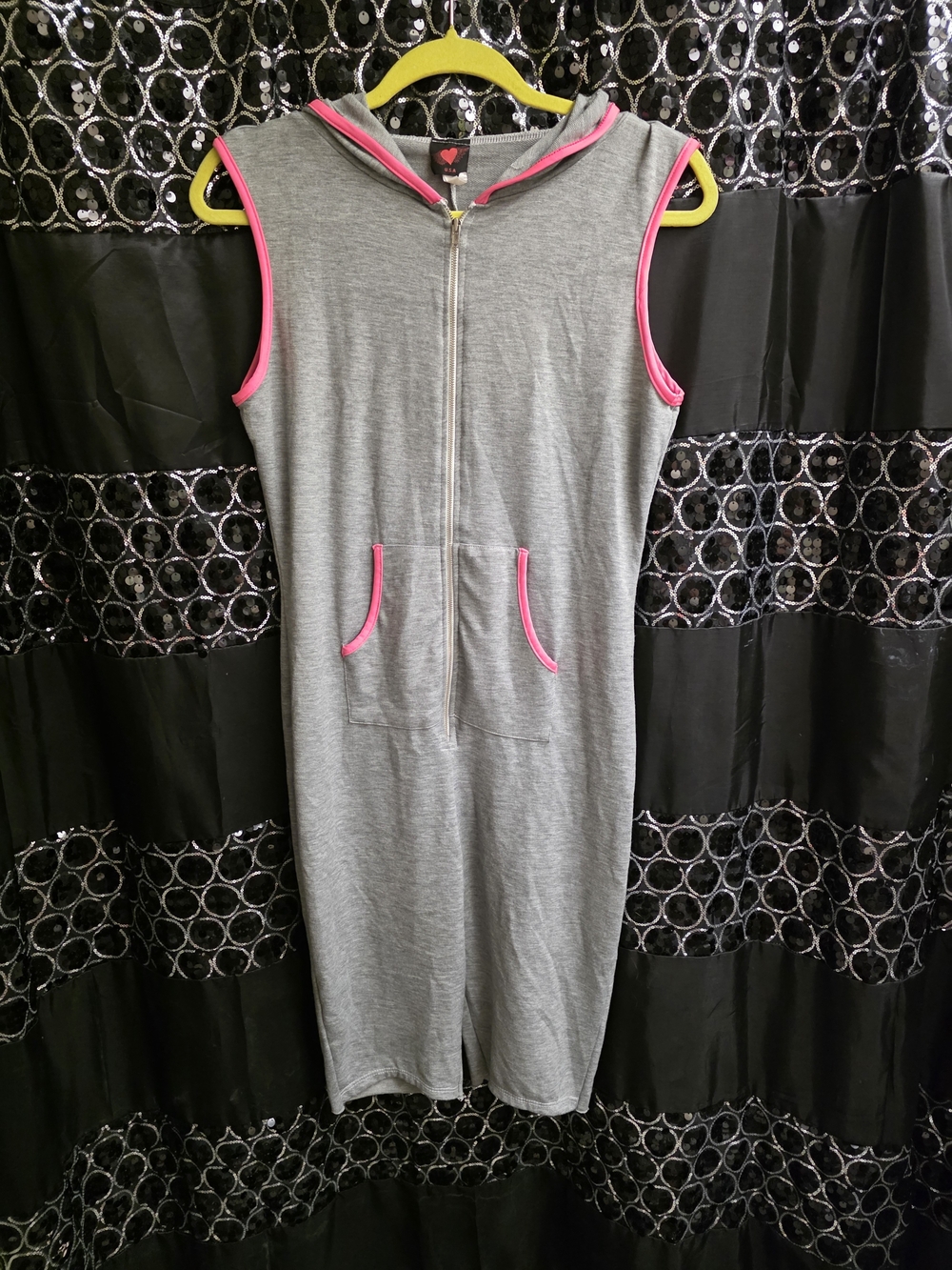 Just USA Grey Sleeveless Hooded Romper with Pink Trim